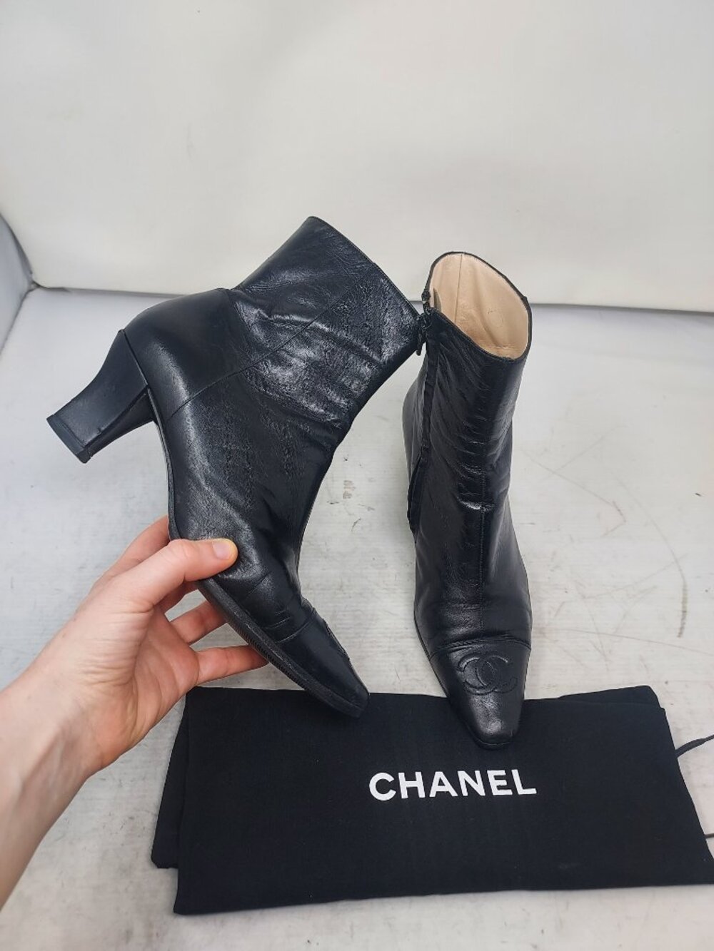 Chanel Vintage Black Leather CC Logo Heel Ankle Boot